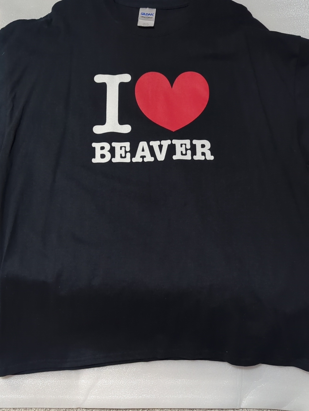 Men's Gildan Black Tee with Red Heart and White 'BEAVER' Print